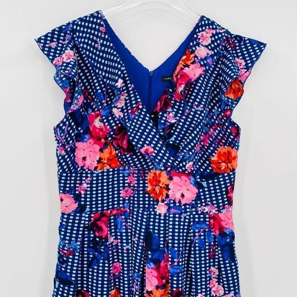 Chris McLaughlin Size 14 Navy Blue Checked Floral Flutter Sleeve Midi Dress - Picture 2 of 10